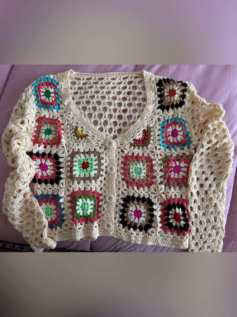 Crochet Granny Square Cream Button-Front Women’s Sweater